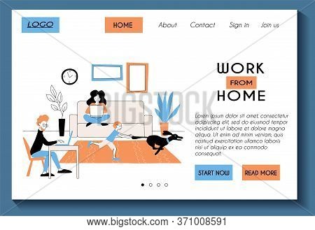 Web Page Template For Work From Home Site. Stock Flat Illustration For Freelance And Remote Work Ser