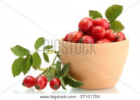 กุหลาบสุกทันกับใบไม้ในถ้วย แยกต่างหากบนพื้นสีขาว