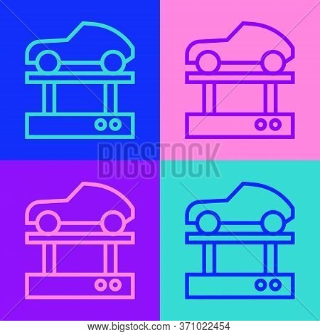 Pop Art Line Repair Car On A Lift Icon Isolated On Color Background. Repair Of The Underbody, Suspen