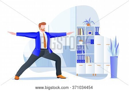 Businessman Stands In Warrior Pose Virabhadrasana. Office Yoga Break. Vector Illustration. Relaxing