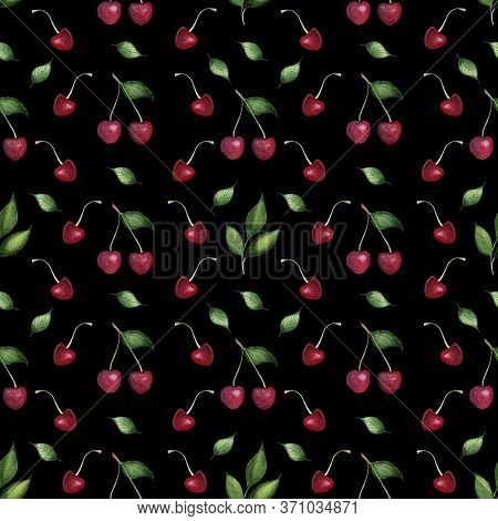Fruit Cherry Seamless Pattern. Hand Drawing, Watercolor. Red Cherry. Design For Fabric, Textile, Cat