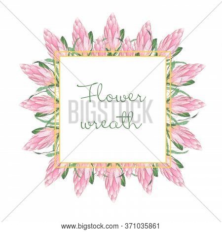Geometric Floral Frame With Place For Text. Wedding Design Gold With Pink. A Square Frame For Decora