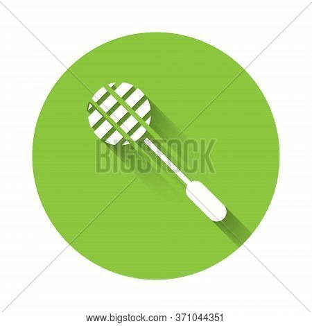 White Tennis Racket Icon Isolated With Long Shadow. Sport Equipment. Green Circle Button. Vector