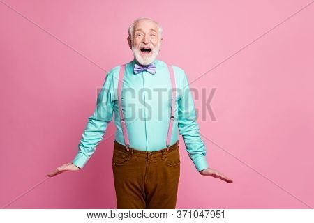 Photo Of Funny Grandpa Good Mood Open Mouth Listen Cool News Black Friday Season Opening Wear Mint S