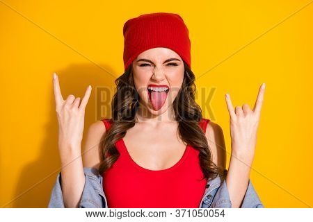 Portrait Of Wild Rejoice Youngster Girl Enjoy Pank Concert Show Tongue Out Make Horned Symbol Wear S