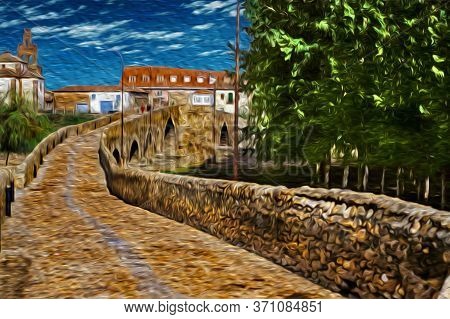 Pathway Over Gothic Stone Bridge At Hospital De Orbigo. A Historical Village On The Way Of St. James