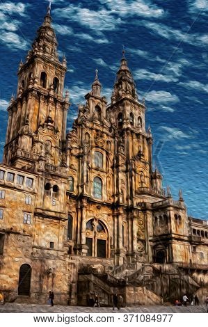 Astonishing Facade Of The Santiago De Compostela Cathedral, That Represent The Finish Line Of The Wa