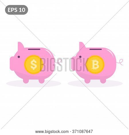 Bitcoin Piggy Bank And Dollar Piggy Bank. The Concept Of Profitability Of Currency And Cryptocurrenc