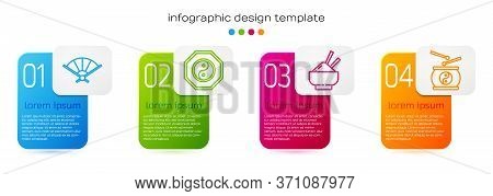 Set Line Paper Chinese Folding Fan, Yin Yang, Rice In A Bowl With Chopstick And Chinese Drum. Busine