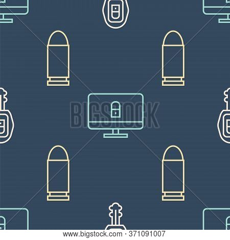 Set Line Car Key With Remote, Bullet And Lock On Computer Monitor On Seamless Pattern. Vector