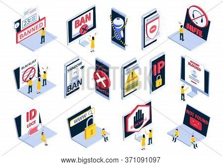 Isometric Internet Blocking Banned Website Icon Set With Account Blocked Not Found Shadow Ban Blackl