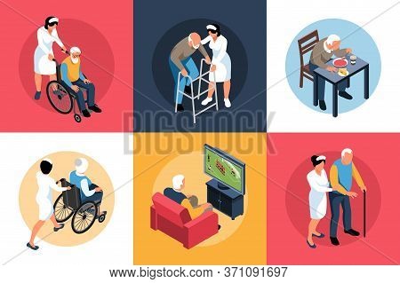 Isometric Nursing Home Design Concept 3x2 Set Of Square Compositions With Elderly People And Special