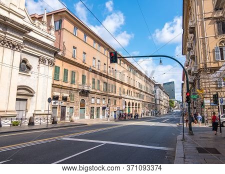 Genoa, Italy - August 18, 2019: Via Xx Setembre, The Main Boulevard In Genoa With Its Arcades, Beaut