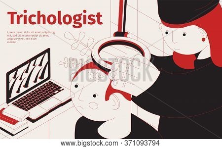 Trichologist Isometric Background With Editable Text And Images Of Medical Specialist Curing Patient