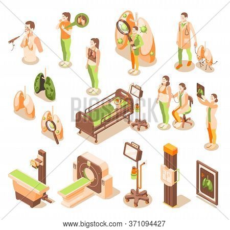 Lung Inspection Recolor Icons Set With Illness Treatment Symbols Isometric Isolated Vector Illustrat