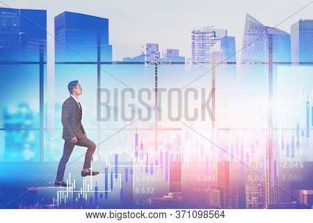 Young Asian Businessman Climbing Bar Chart In Abstract Panoramic City Office With Double Exposure Of