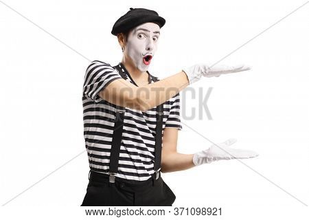 Funny mimic showing an invisible object isolated on white background