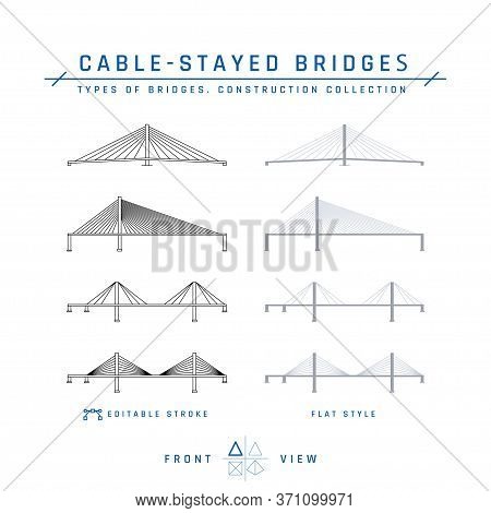 Cable-stayed Bridges Icons In Flat Style, Vector