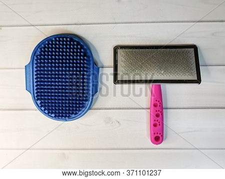 Soft Blue Rubber Massage Brush And Stiff Metal Brush For Animals. Pet Care Accessories. Hand-held Ma