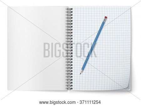 Realistic Vector Open Horozontal Spiral Notepad And Blue Pencil .