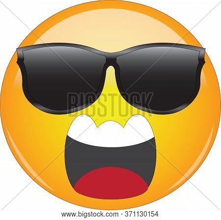 Cool Emoji Screaming In Anger. Yellow Face Emoticon Wearing Sunglasses And Screaming In Anger With W