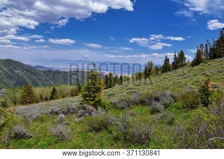 Rocky Mountain Wasatch Front Peaks, Panorama Landscape View From Butterfield Canyon Oquirrh Range To