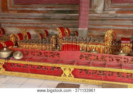 Musical Instruments In A Hindu Temple On Bali Island, Indonesia. Gamelan Or Gamelang Is A Musical In