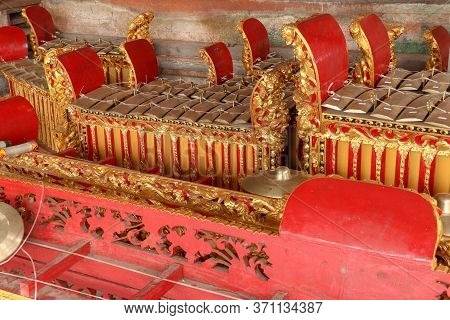 Musical Instruments In A Hindu Temple On Bali Island, Indonesia. Gamelan Or Gamelang Is A Musical In