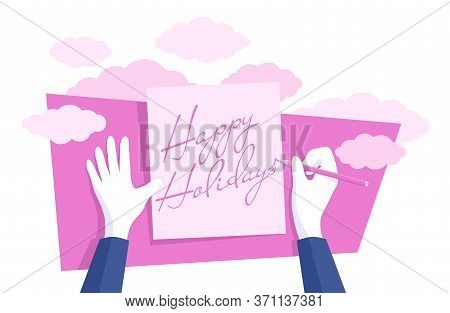 Happy Holidays Beautiful Greeting Card With Calligraphic Text Written On Pink Paper, Hands Holds Pen