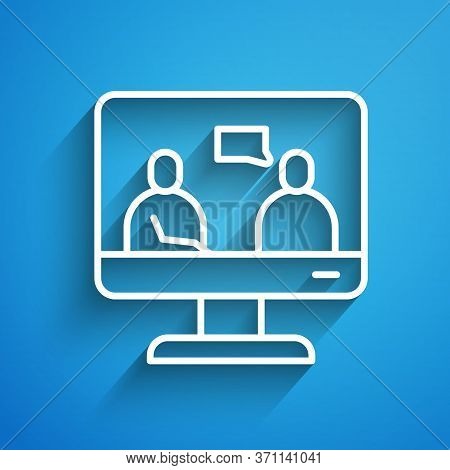 White Line Online Education And Graduation Icon Isolated On Blue Background. Online Teacher On Monit