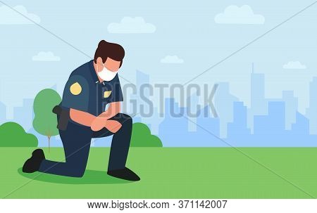 Take The Knee. Police Officer Kneels On Ground In Tribute Victims Of Racism. Policeman In Mask Show 