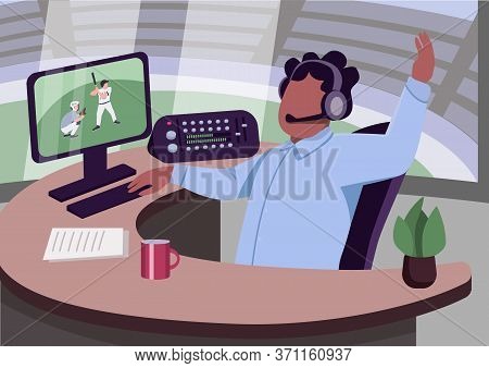 Sports Commentary Flat Color Vector Illustration. African American Commentator 2d Cartoon Character 