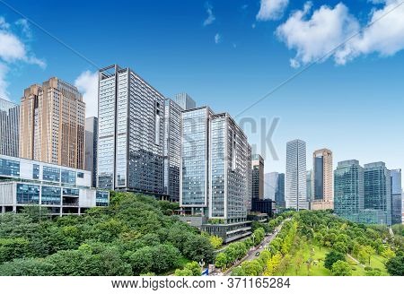 Parks And Dense Modern Buildings, Jiangbei New City, Chongqing, China.