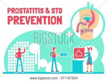 Prostatitis And Std Prevention Poster Flat Vector Template. Burning Pain In Bladder. Fertility Issue