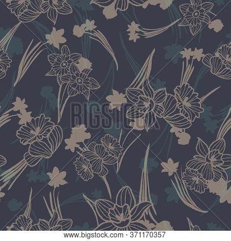 Daffodils Seamless Pattern Dark Background. Vector Illustration. Surface Pattern Design. Perfect For
