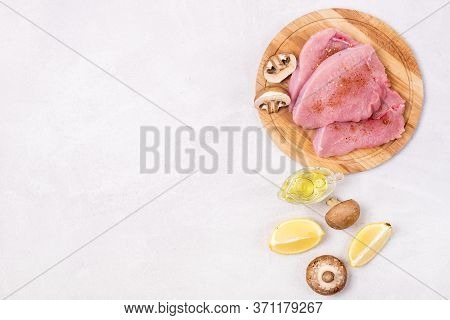 Raw Chiken On Wooden Tray Chiken Meat Ready To Cook Top View Horizontal Copy Space