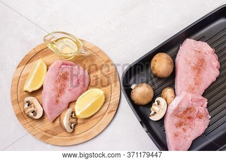 Raw Chiken On Wooden Tray With Citrus Chiken Meat Ready To Cook On Grill Pan Top View Horizontal