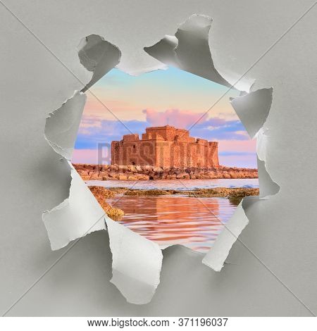 Paper Hole With Image Of Pafos Harbour Castle Turkish Castle In Pathos, Cyprus, On A Sunsetlast Minu