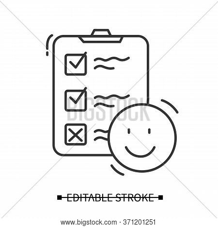 Consumer Satisfaction Survey Icon. Clipboard With Check List And Happy Smile Client Pictogram. Produ
