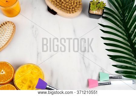 Marble Background In The Bathroom With Creams And Home Spa Skin Care For Advertising Beauty Treatmen