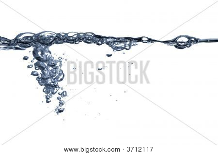 Blue Water Splash  With Bubbles Over White