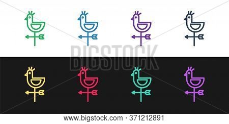 Set Line Rooster Weather Vane Icon Isolated On Black And White Background. Weathercock Sign. Windvan