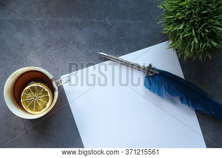 Empty Paper With Fountain Pen On Gray Background