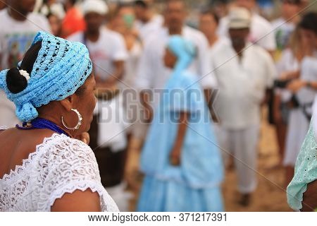 Salvador, Bahia / Brazil - February 2, 2016: Candomble Supporters And Supporters Greet The Yemanja O