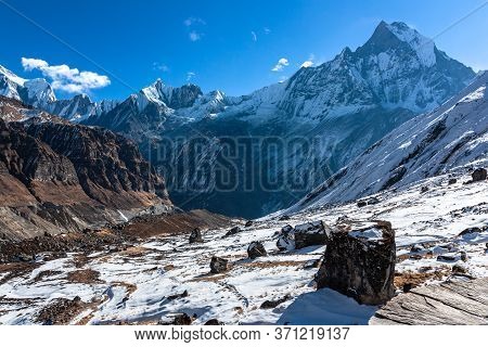Annapurna Base Camp View Of Machapuchre Mountain Nepal Himalayas