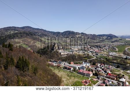 Beautiful View From The Top Of The Town In A Mountain Valley. You Can See The Roads, The River And T