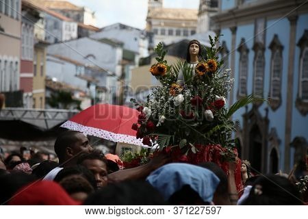 Salvador, Bahia / Brazil - December 4, 2019: Devotees Of Santa Barbara And Candombe Supporters Celeb