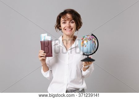 Smiling Young Business Woman In White Shirt Posing Isolated On Grey Wall Background. Achievement Car