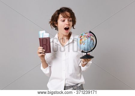 Excited Young Business Woman In White Shirt Posing Isolated On Grey Wall Background. Achievement Car