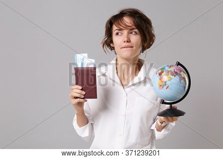 Pensive Young Business Woman In White Shirt Posing Isolated On Grey Wall Background. Achievement Car
